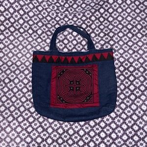 Navy Blue and Red Tote Bag with Decorative Panel and Classic Shape